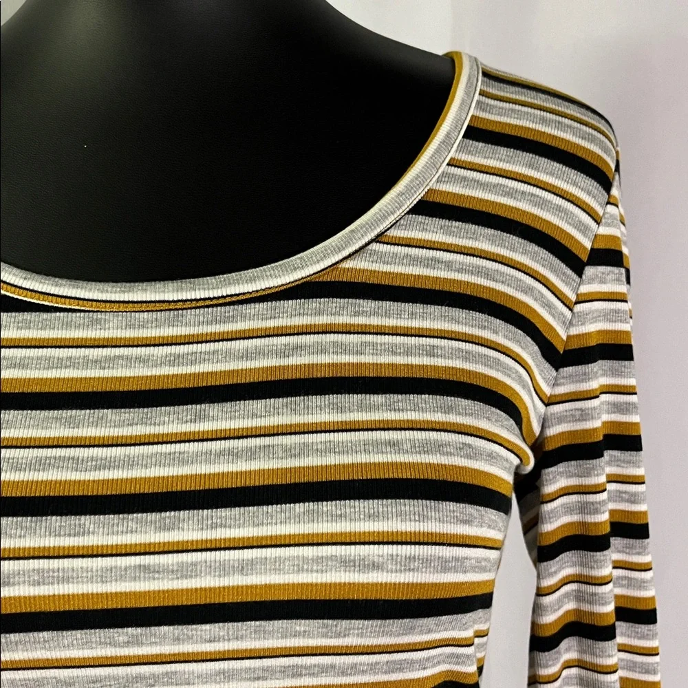 NWT LOFT Mustard Yellow Black & Gray Striped Long Sleeve Round Neck Top